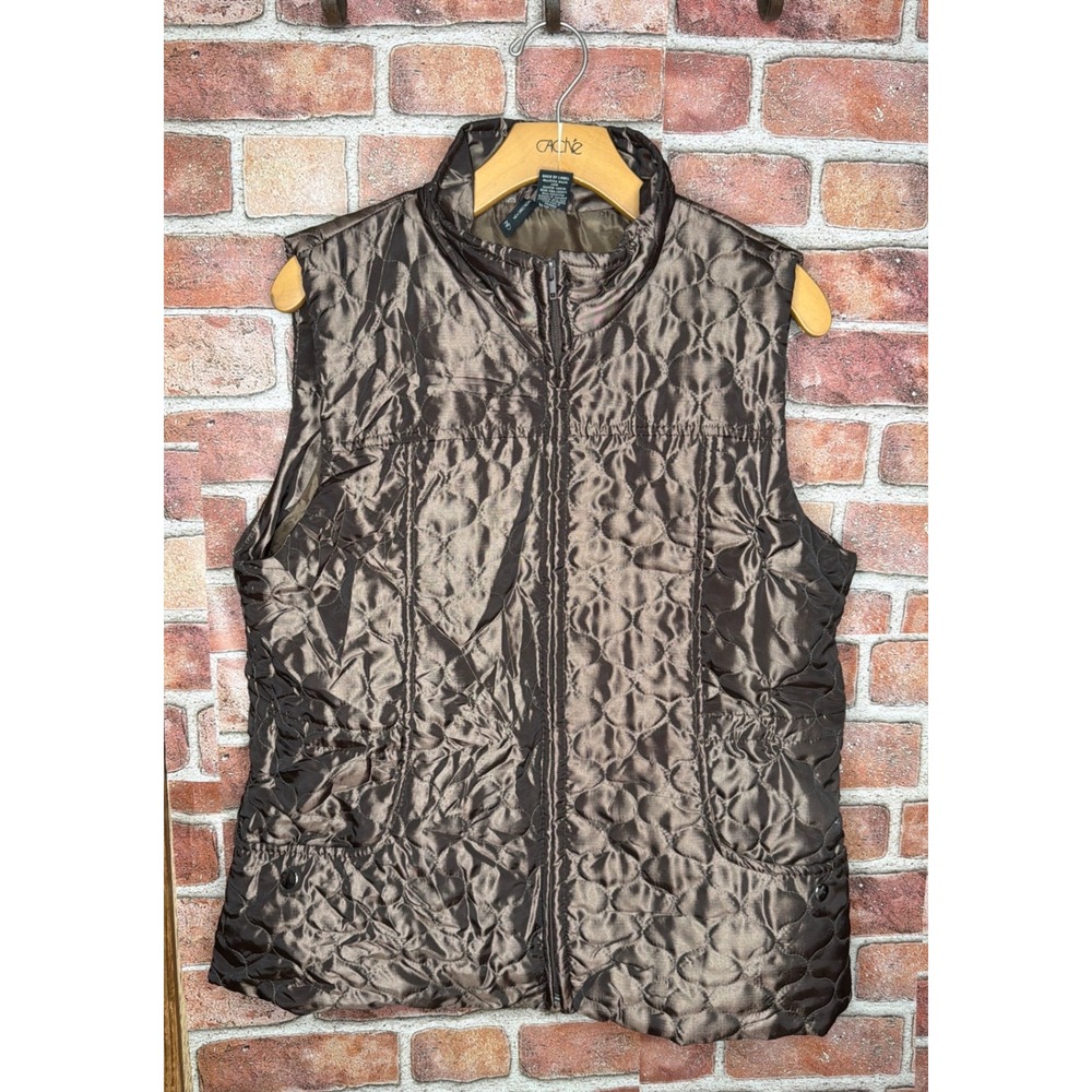 New Directions Quilted Vest Womens Large Bronze Brown Metallic Full Zip Padded L
